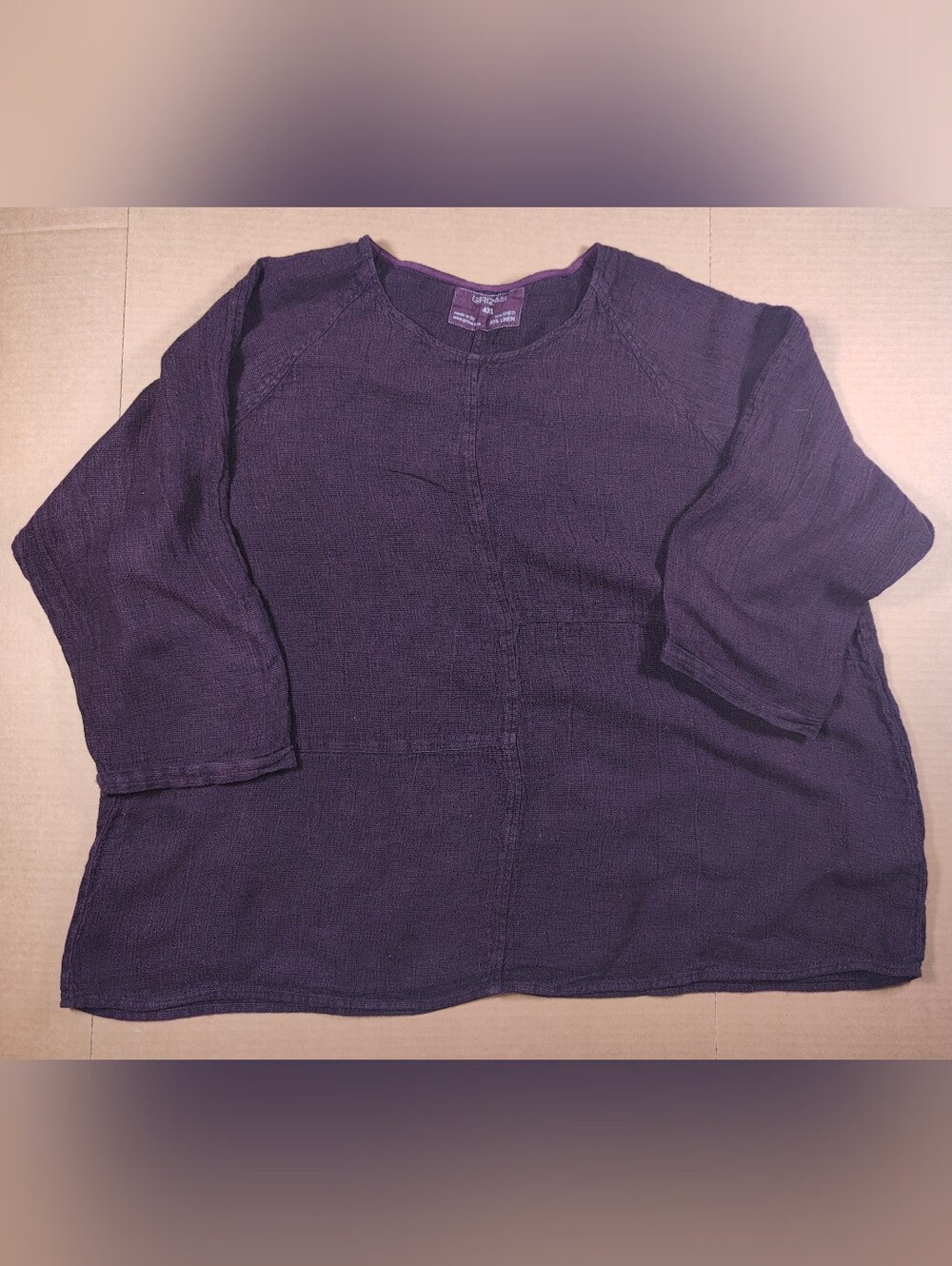 GRIZAS Women's 100% Washed Linen Deep Plum Purple Blouse Size 4XL Lagenlook